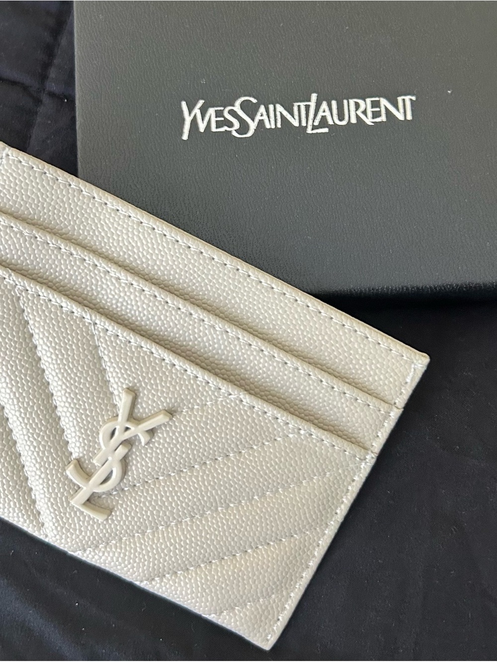 Yves Saint Laurent Light Gray Quilted Leather Card Case with Silver YSL Logo